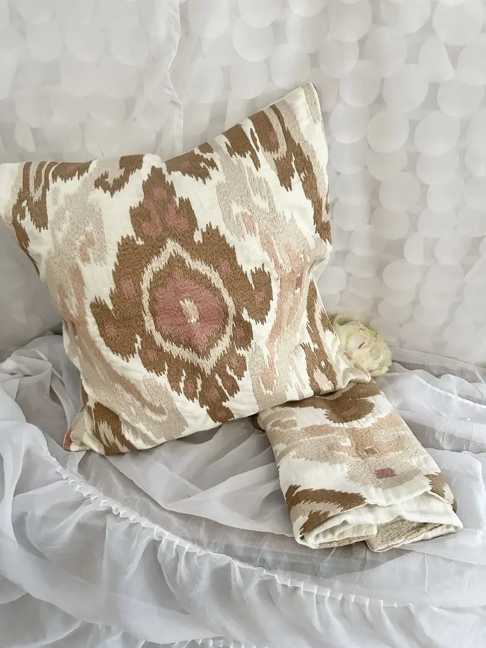 Williams Sonoma Istanbul Ikat Embroidered Accent Pillow Cover Coral Beige SET 2